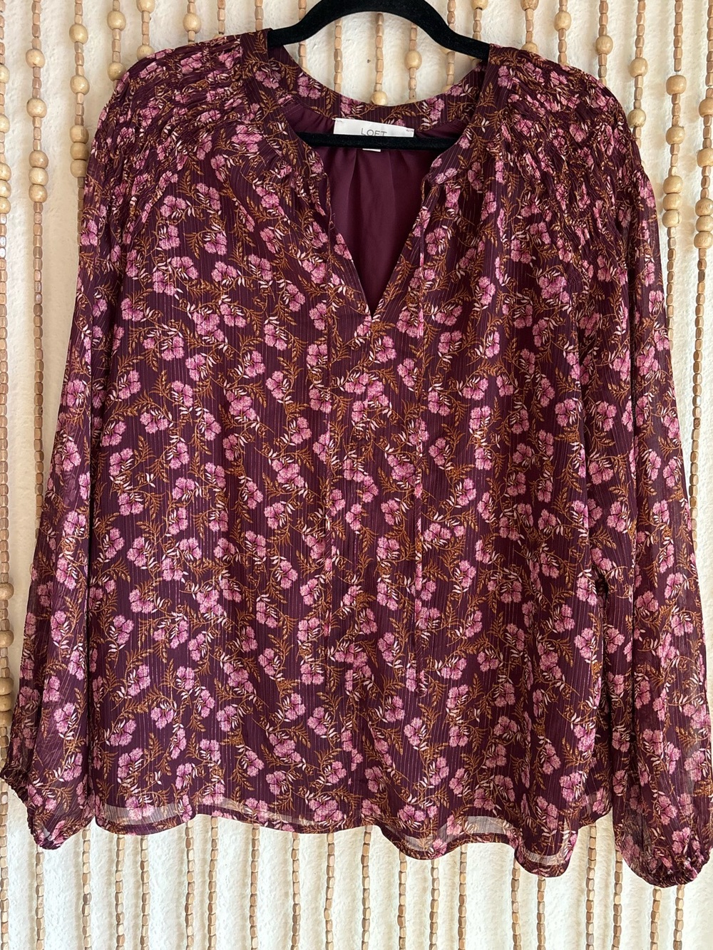 LOFT Deep Purple Boho Floral Peasant Feminine Flowy Lightweight Long Sleeve Top